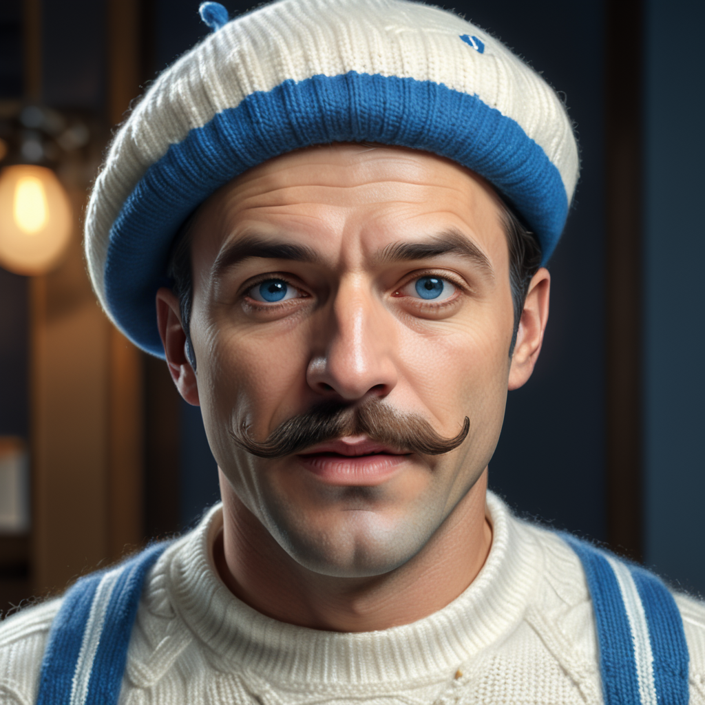 French man moustache and beret wearing a white sweater with blue horizontal stripes being chase by a big poo emoji