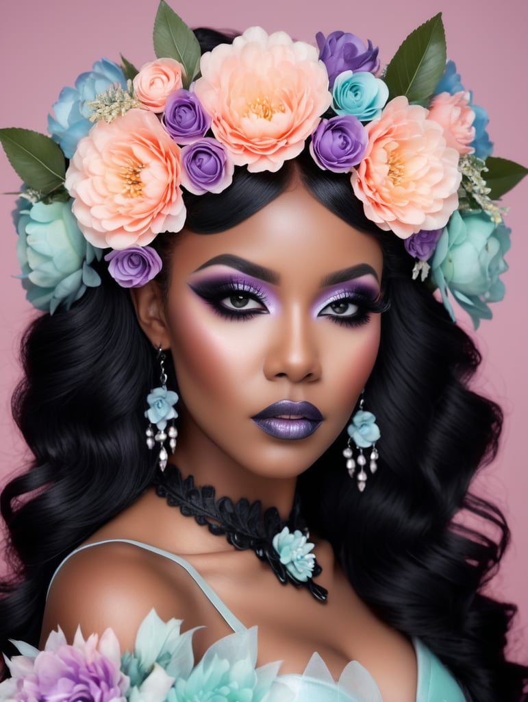 Hd photography, photograph, 3 4 pose, black woman, pastel gothic makeup, fairy goth, gothic style, pastel, beauty portrait, big flowers headband, big flower crown