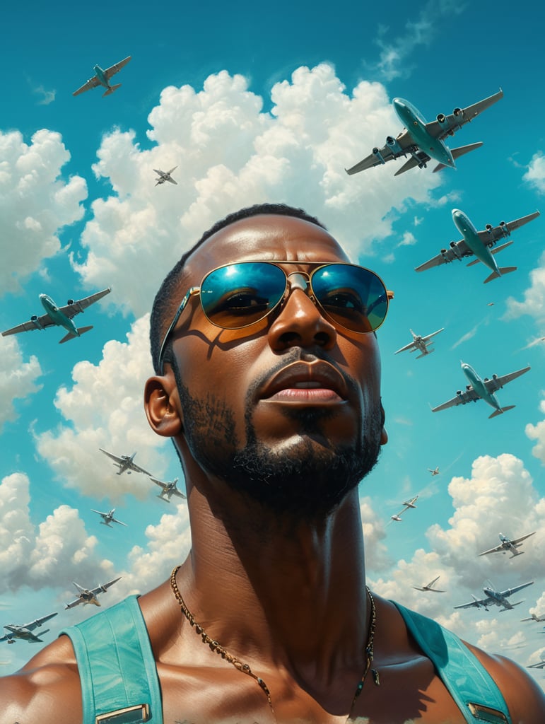 a black man raised his head up, looks at the sky, sunglasses, one airplane flies in a clear sky and leaves a mark, summer, turquoise shades, style of Richard Corben