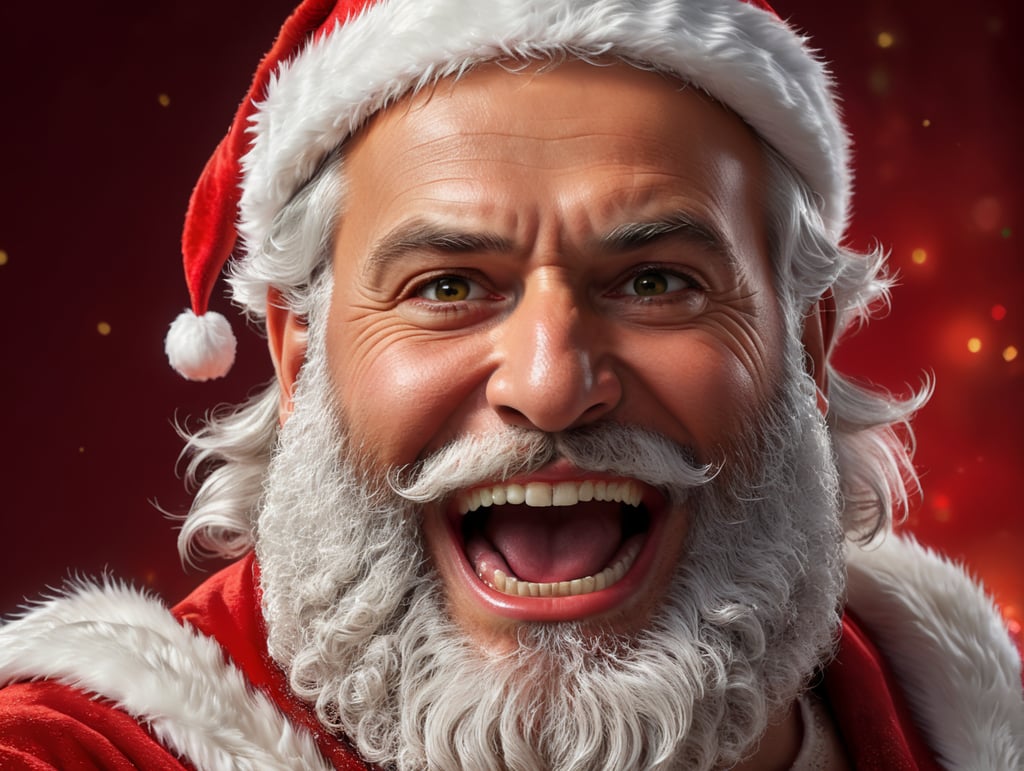 ultra handsome santa claus, white bearded man, middle eastern look, excited, happy, opening eyes and mouth, Bright red solid light color background, hairy chest, heavy beard