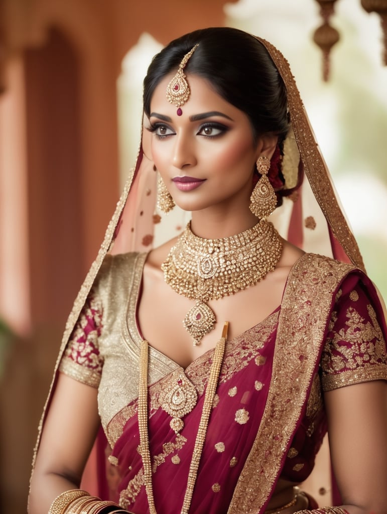A indian Bride wearing wedding suit long neck, Jewelry, Makeup,