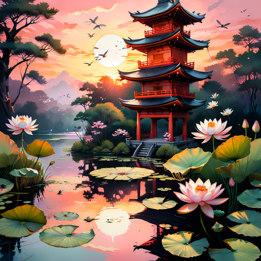 a Japanese watercolor painting of a pond, with light pink lotus flowers growing out of the pond, with white lotus flowers and lily pads growing on the surface of the water. Two dragonflies are flying over the pond and one dragonfly is settled on a lotus flower. A two-story red, white and black Japanese shrine in the background of the pond, with some birds flying near the roof of the shrine, and a beautiful pink and orange sunset on the horizon behind the shrine, with the reflection of the shrine, the sunset, dragonflies and birds on the surface of the pond water