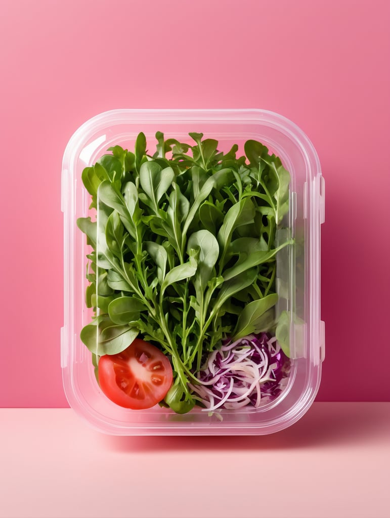 blank Transparent Plastic Container with Arugula Salad, isolated, pink background, Mockup, mock up