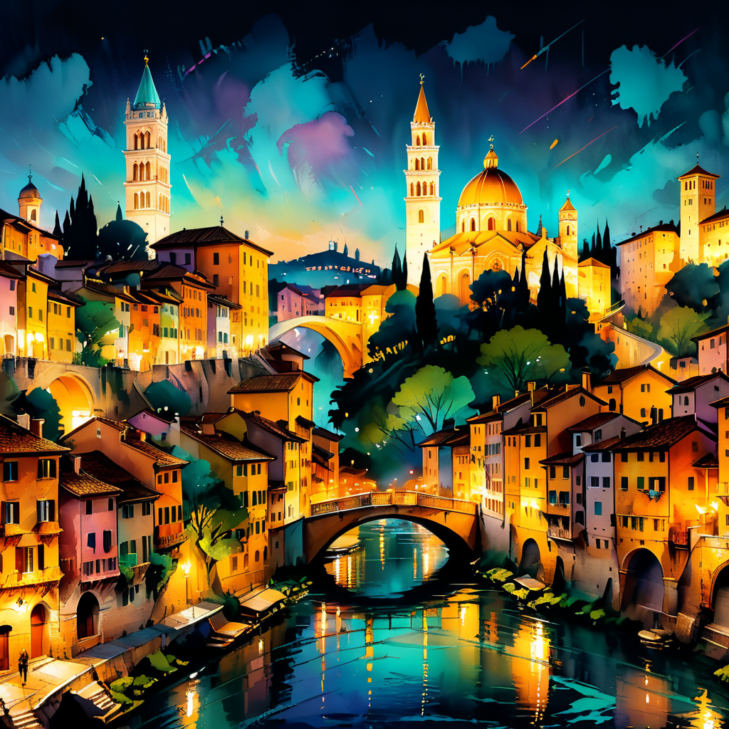 A stunning portrayal of Verona city in Italy on a magical, dark fantasy night view. The image captures the city's breathtaking beauty in exquisite detail, showcasing vibrant and rich colors that illuminate the night scene. Every element is meticulously depicted, from the intricately designed buildings to the shimmering lights that gracefully adorn the streets. The level of detail is so immersive that it transports viewers into the heart of Verona's enchanting atmosphere. This mesmerizing image, whether a photograph or a painting, is of exceptional quality, with a resolution that brings every captivating aspect to life in stunning 8k definition.