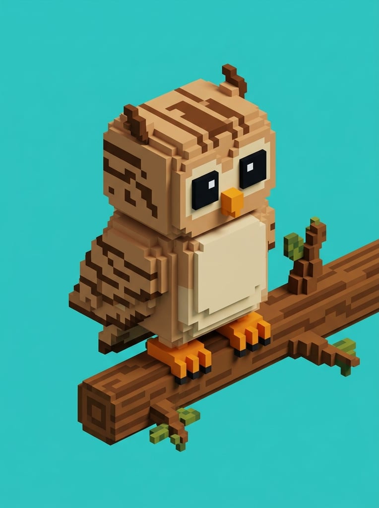 voxel art owl perched on a blocky branch, isometric 3D pixel art, beige chest, light brown plumage with dark brown stripes, large black square eyes, orange cubic beak and claws, solid bright teal background, minimalist composition, clean flat lighting, block-based modeling