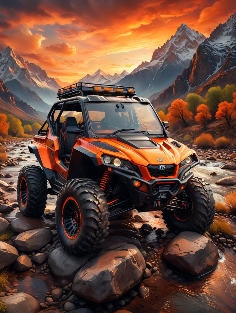 all-terrain vehicle on the background of a beautiful mountain landscape at sunset a mountain river rocks birds beautiful orange clouds cinematically super realistic