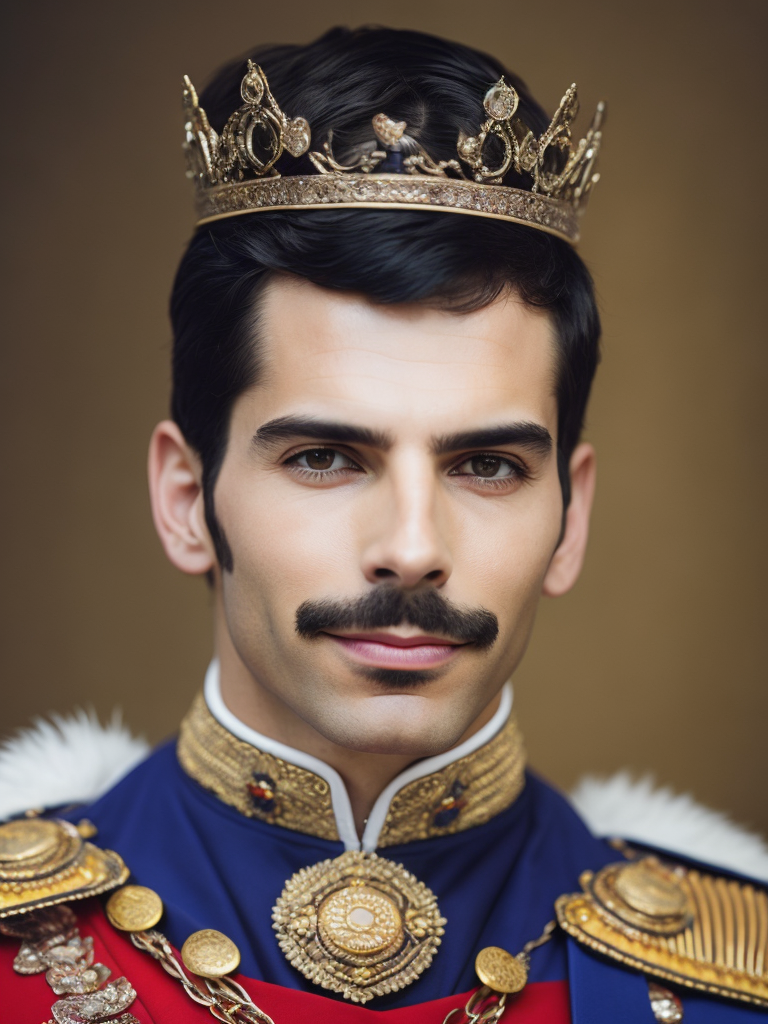 Portrait of Freddie Mercury wearing the Queen's crown, royal mantle, Vivid saturated colors, Contrast light, studio photo, professional photo, Detailed image, detailed face