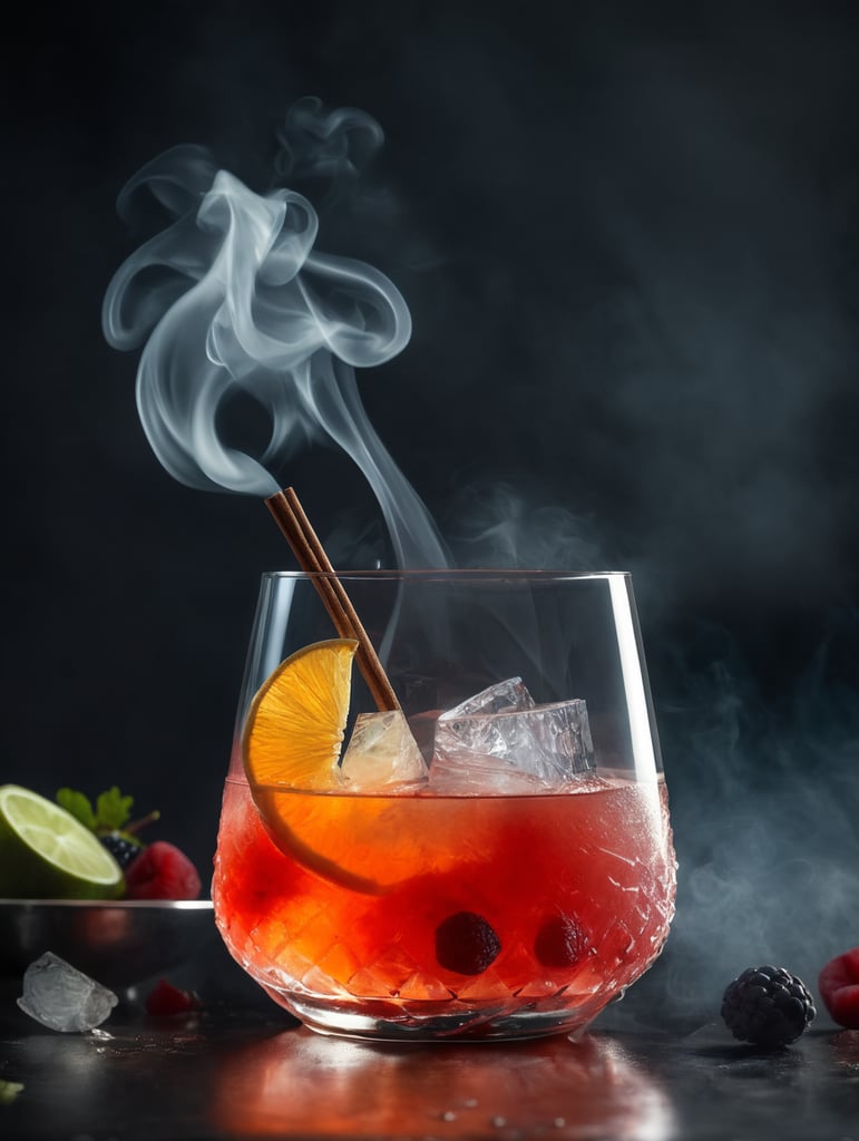 gin cocktail with a dried slice of fruit, smoke, professional food photography, depth of field,