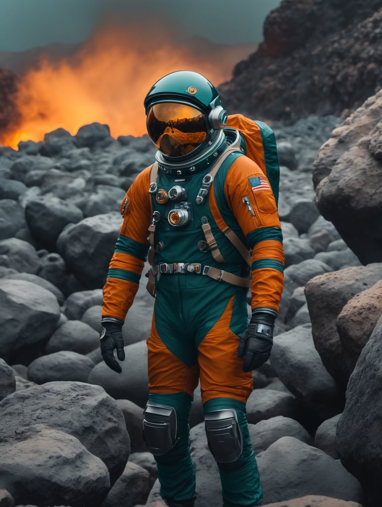 An astronaut among the volcanic rocks, cold weather, dark teal and amber, Sony A7 IV
