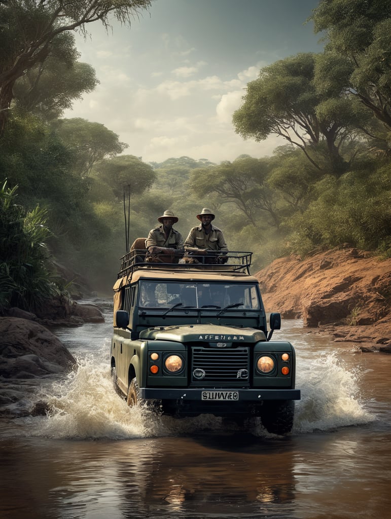 a single safari guide driving a landrover through a river in the african bush.