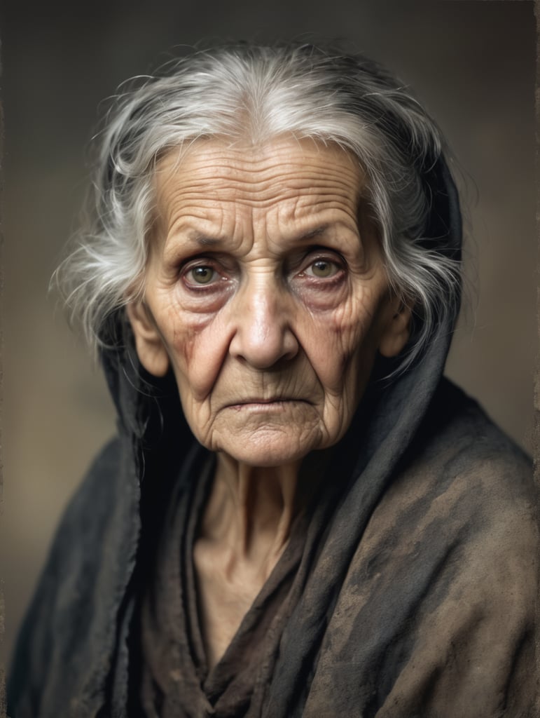 old woman, witch, front-facing portrait,tarnished and dirty clothes