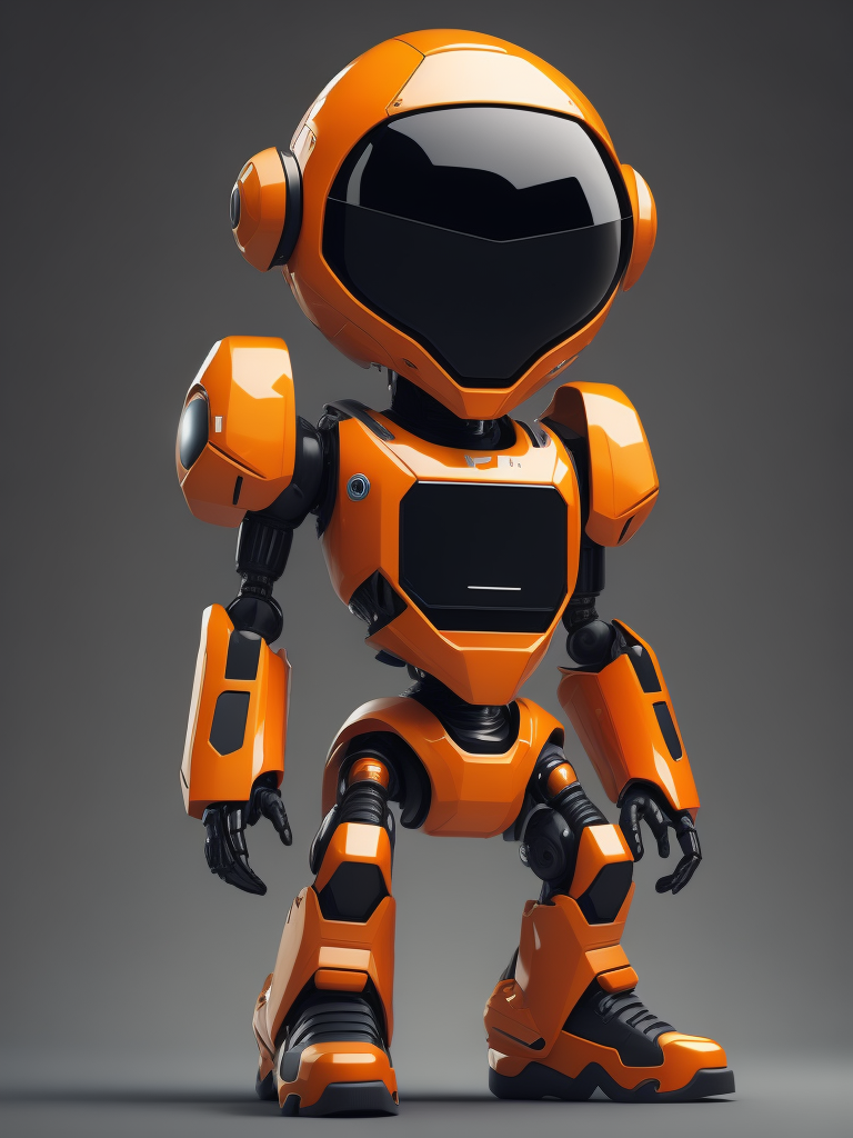 Orange cute style robot wearing stylish futuristic sports clothes, big sneakers and a futuristic glasses