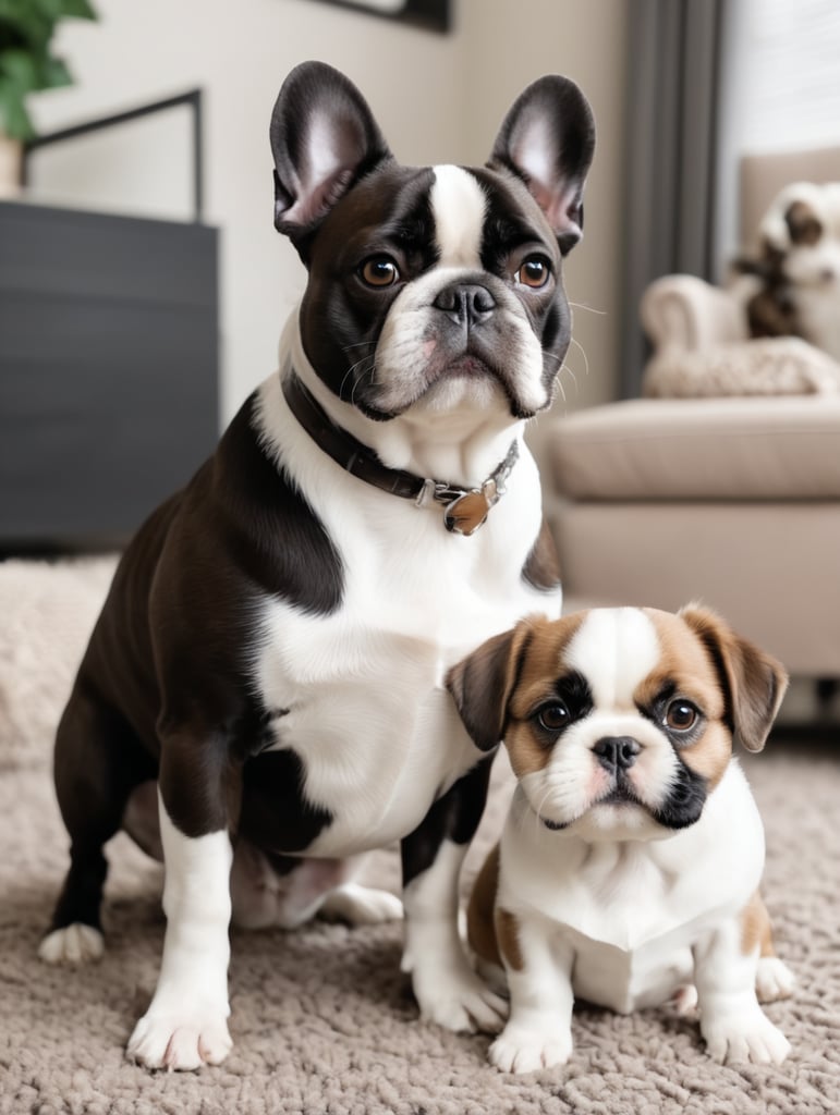 Black and white French bulldog and brown and white shih tzu
