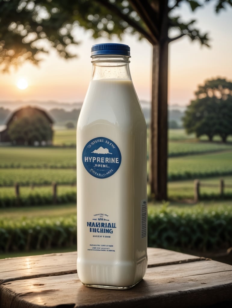 A mockup of a square bottle of milk, early morning, farm blurred background