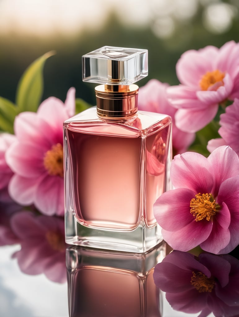 A bottle of perfume with pink flowers on the top, dreamlike atmosphere, bright,product view, luxury brands, mirror, careful design, surreal water, quiet pastoral scenes, Canon shooting, depth of field, focusing on perfume,soft focus,Render, best quality, 8K,