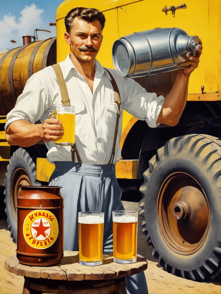 a poster, A Soviet male worker in a white shirt holds a mug of kvass in his hands, in the background a Soviet yellow barrel on wheels with kvass can be seen