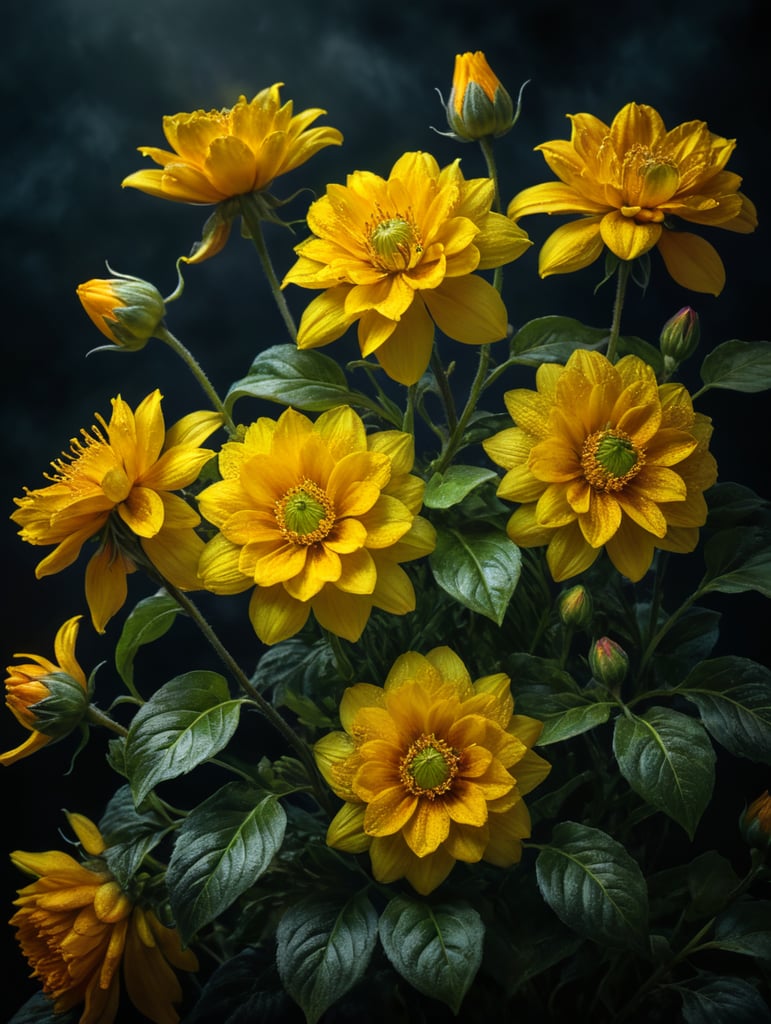 yellow flowers dark atmosphere deep colors clear details vibrant blooms moody ambiance rich hues botanical beauty intense floral display artistic precision