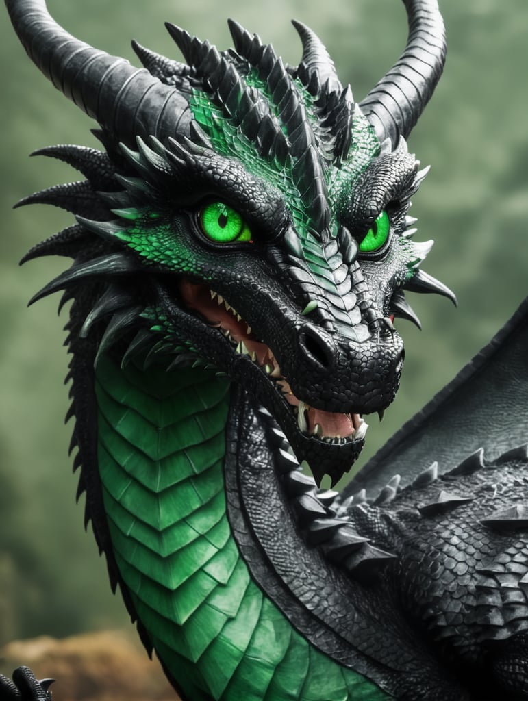 Bkack dragon with green eyes