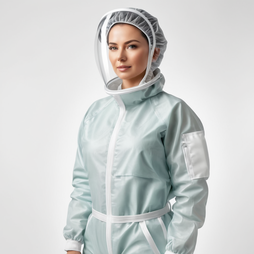 A realistic photo of a women wearing medical protective suit, disposable coveralls with breathable fabric, isolated, white background