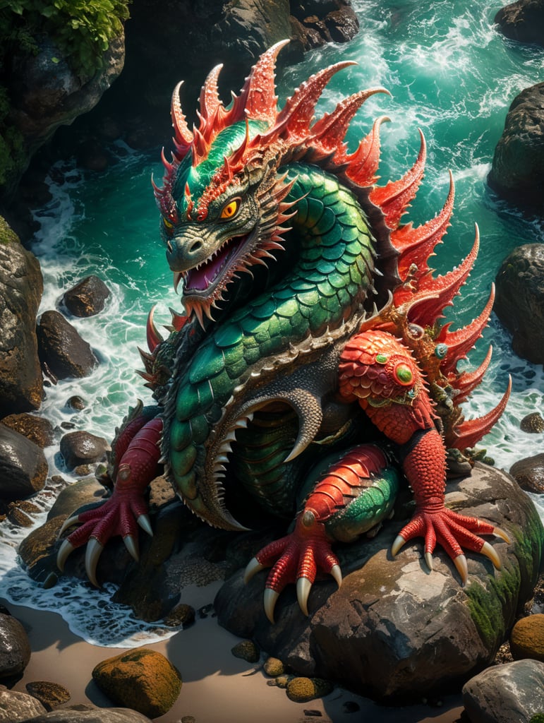 a colorful sea creature sitting on rocks, in the style of light red and light emerald, photographic source, sumatraism, elaborate costumes, bugcore, webcam photography, national geographic photo