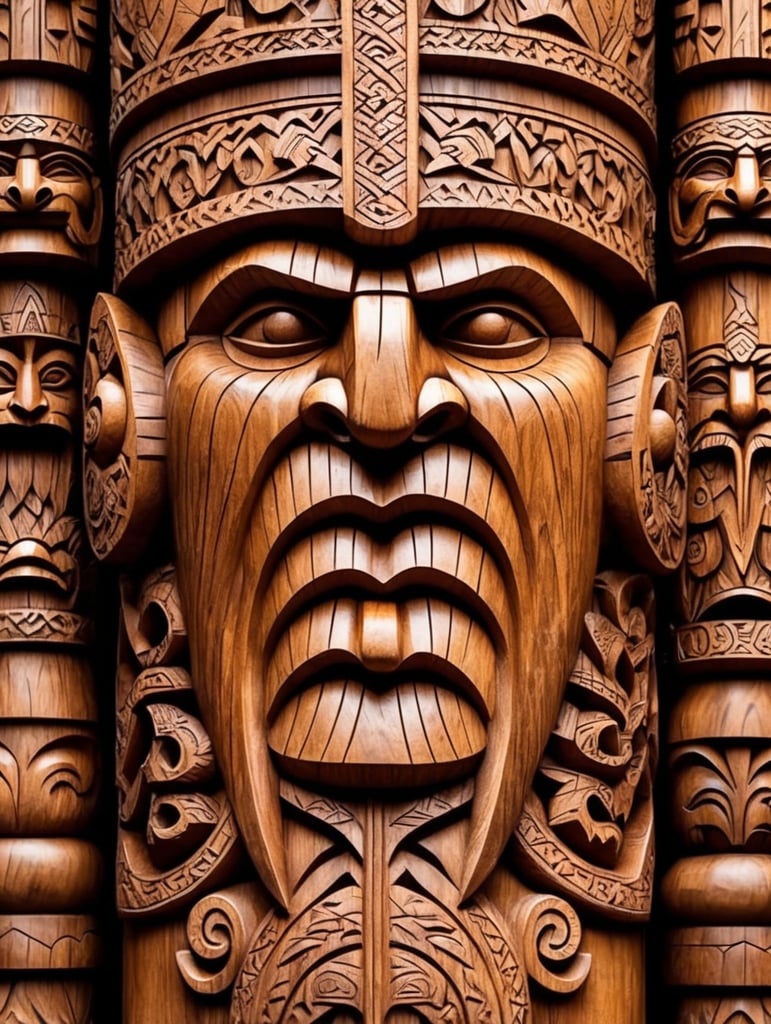 viking's wooden totem pole, viking faces carved, animals carved, traditional ornament around