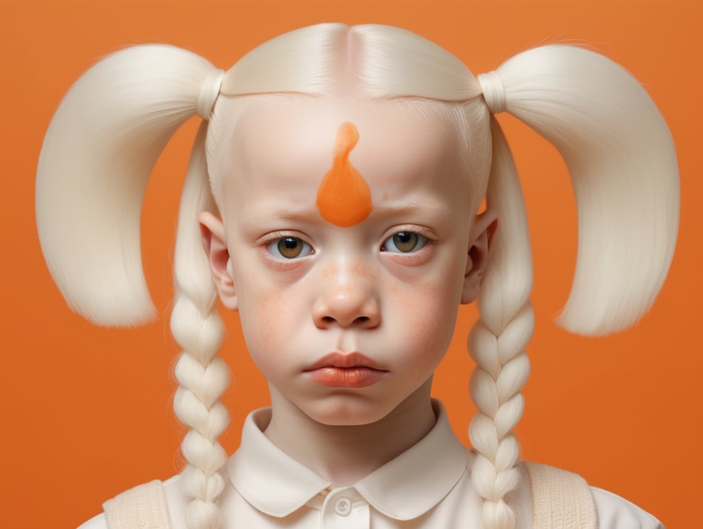 retrato de niño afroamericano albino con cara triste vista de frente inspirada en la obra de magritte con un incrustraciones de acrilico de color naranja semitraslucido en el rostro tapandole el rostro. fondo color naranja en set de fotografia minimalista