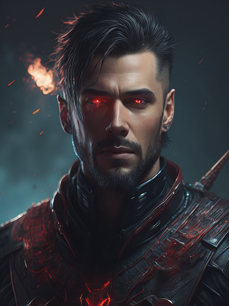 Highly detailed character design, a man with jagged broken teeth, wicked grin, wearing a red and blue tunic, intricate floral embroidery, cybernetic eyes, heavily lined, wrinkled, haggard face, spiked pauldrons, glowing details, ultrafine detail, epic cinematic lighting, action scene, seapunk, salvagepunk, cyberpunk art by Ruan Jei, Josan Gonzalez, Wayne Reynolds, vray render, volumetric lighting, postprocessing, sharp focus