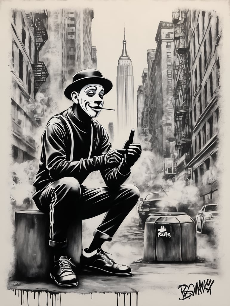 banksy inspired new york graffiti style mime drawing tag design black and white none detailed freestyled drawing