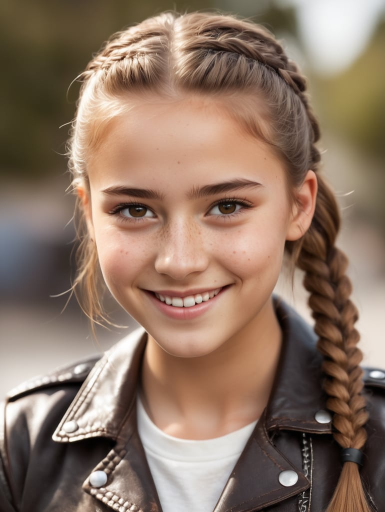 Seventeen year old female, light brown hair in french braids, freckles, brown eyes, wearing a leather jacket, short stature, average build, shy smile