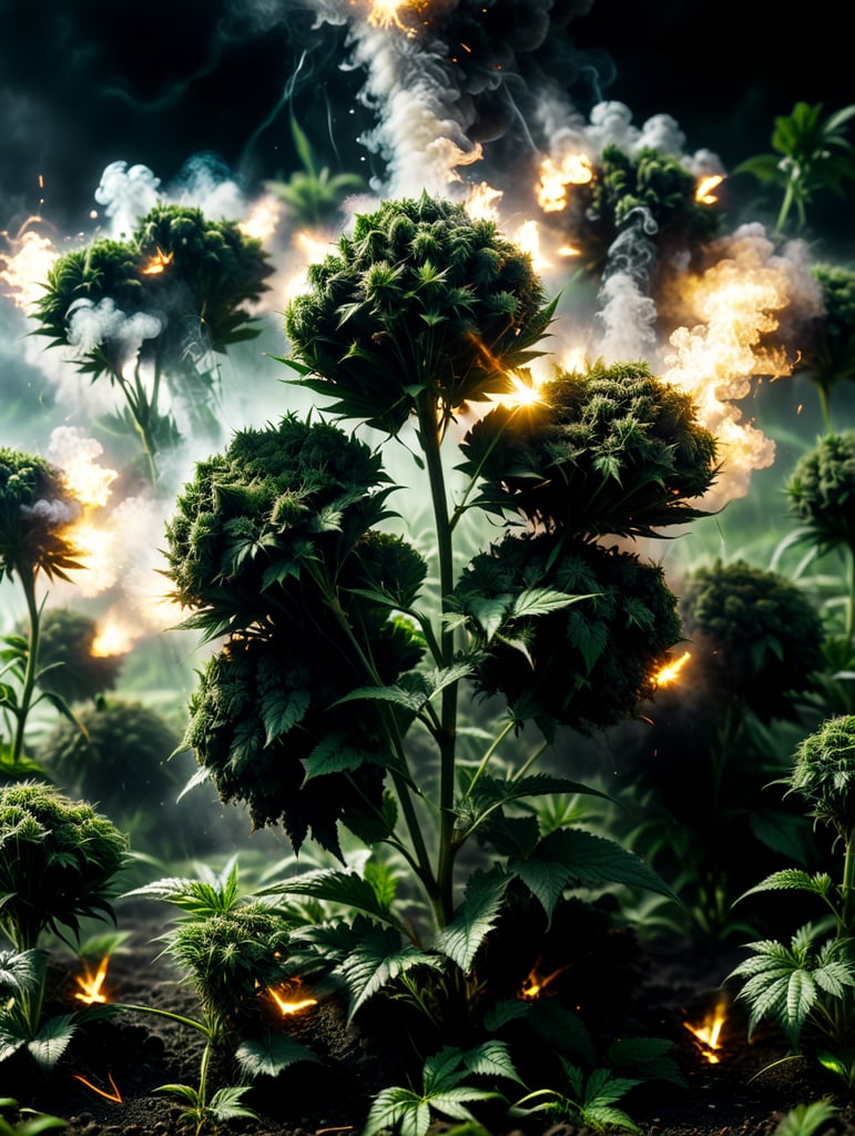 marijuana plants and field exploding weed leaves floating in the green black ground, smoke 4k photo-realistic