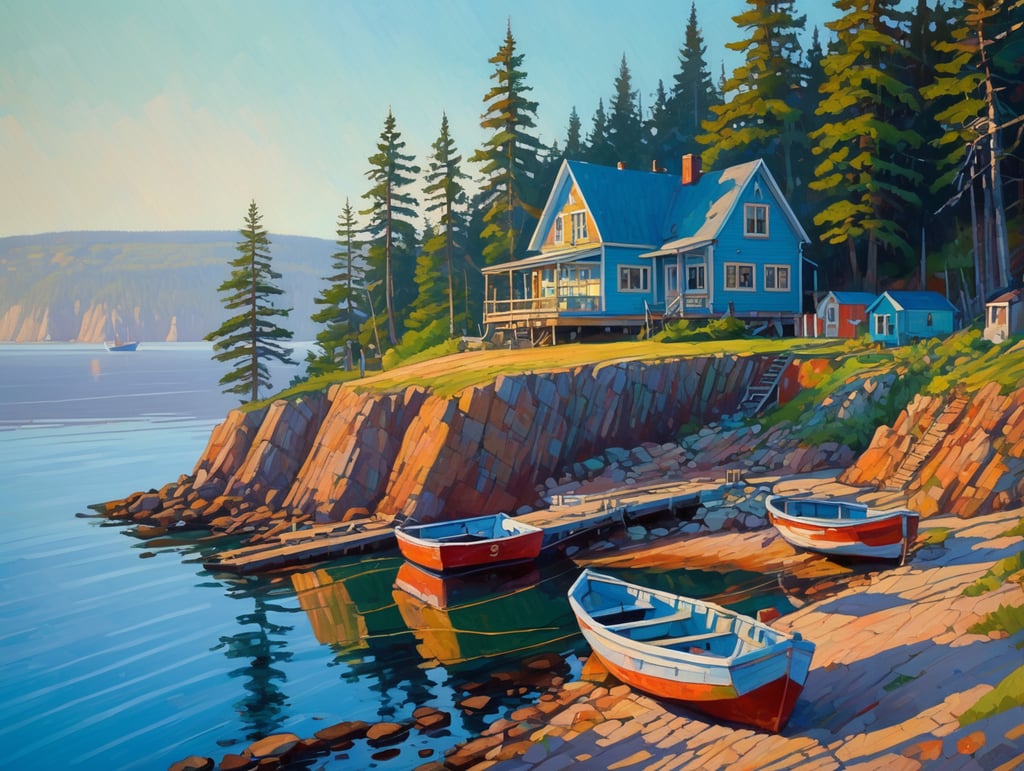 Ocean, seashore, some gaspé cliffs, labrador landscape, rpg style, erin hanson, trees, boat, quay, wharf, morning light with long shadows and mist, some fog, house, painting, hill, spruce tree, some sand