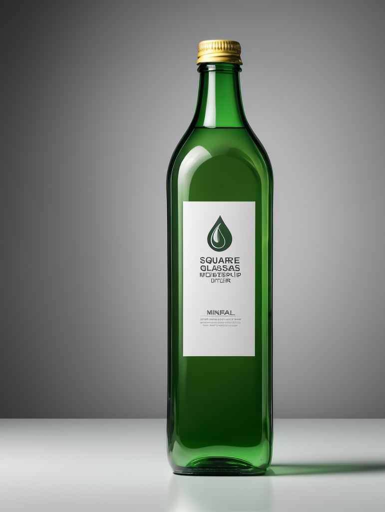 square Green glass bottle with mineral water mockup, no label, isolated, grey background