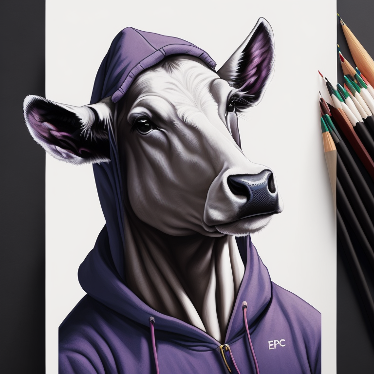 white cow,portrait, blue hoodie, in violet hoodie, vintage, photorealistic illustration, vector, flat, isolated on white background, Painting, Oil, Still Life, Botanical, Italy, Acrylic, Hip Hop, y George Wilson is an eye-catching poster-style drawing and illustration representing the iconic pulp style.