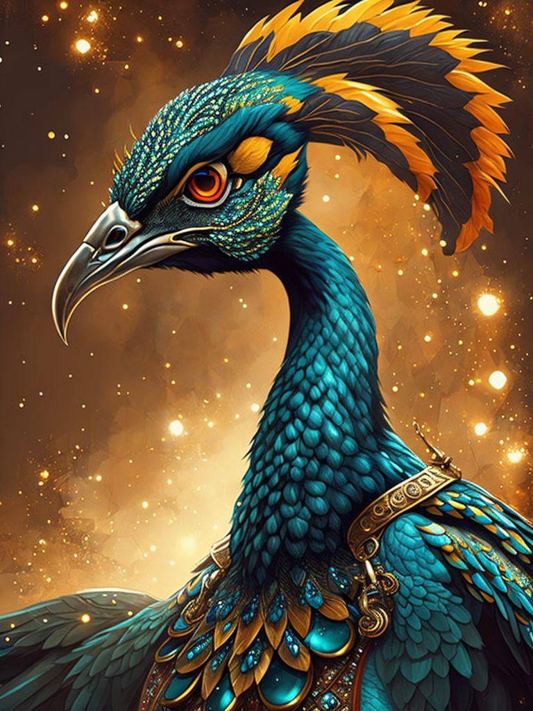 Magical king peacock wearing expensive jewelry that is magnificent, incredibly detailed, intricate, with brilliant bright shimmering sparkling glittering diamonds on glowing shining precious luminous gold, Royal rich luxurious