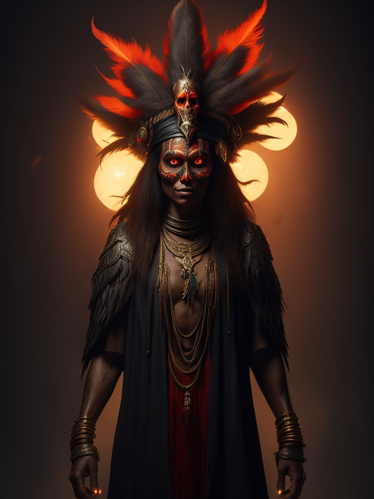 full-length portrait of a witch doctor wearing a feather headdress, holding a glowing skull floating, red face warpaint, ghostly, horror background, fantasy concept art, highly detailed