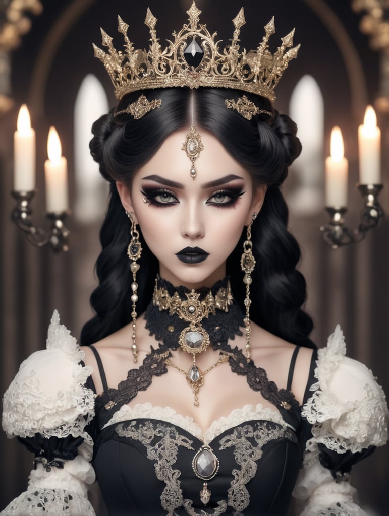 Anime magical girl in gothic ornate victorian dress with crown and gothic makeup and piercings holding magical staff