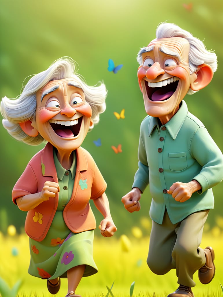 Two retired elder people with wrinkled faces, running in field like children, chasing butterflies using a scoop, smiling and happy, dressed like children, colourful.