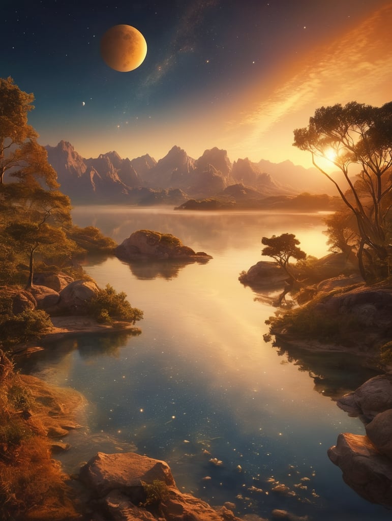 Generate an enchanting image of a magical world bathed in the warm hues of the golden hour. Picture an astronet, a celestial network of interconnected stars, floating gracefully in the sky, casting a gentle glow over the surreal landscape. Capture the ethereal atmosphere, blending elements of fantasy and cosmic wonder, with a focus on the harmonious interplay between the natural beauty of the golden hour and the mystical allure of the astronet.