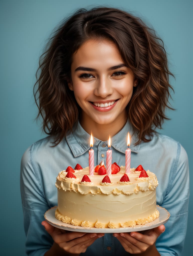 young woman , smiling, holding slice of birthday cake in your hands, fullbody,