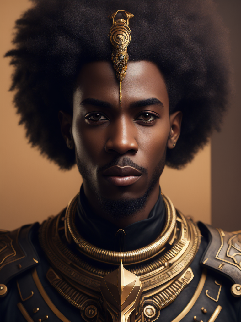 portrait of a male character, afro, with futuristic touches and that is an African god. add a ancient mask