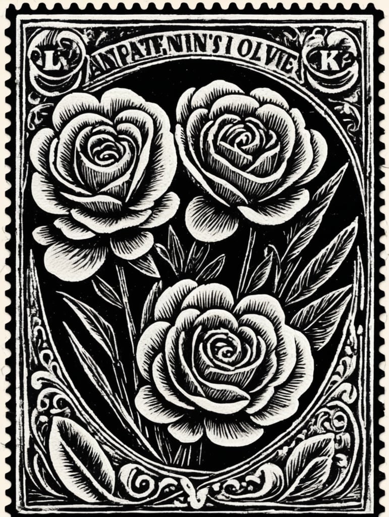 Black and white linocut postage stamp Valentine's Day thick bold dark lines