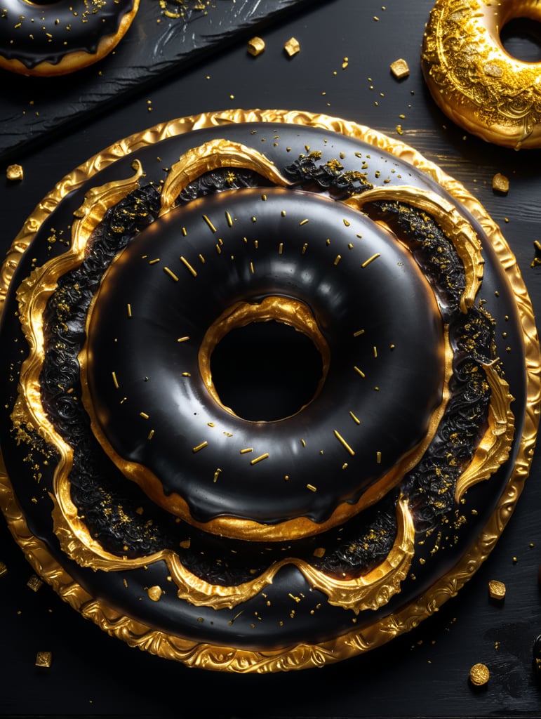 черный пончик покрыт золотом лежит на черном столе, черная комната, слабое освещение