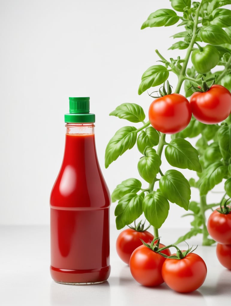 tomato ketchup bottle, red tomato with green leaves, isolated, white background