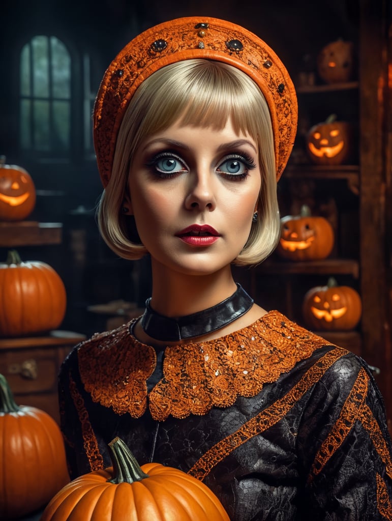 Twiggy in Halloween costume, retro style, 60s, Vivid saturated colors, Contrast color