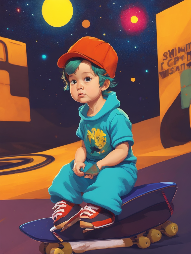 60s cartoon style of a baby wearing underground clothes and a cap sitting on the skate park in far off galaxy, style of hannah barbara, studio ghibli, akira toriyama, james gilleard, warner brothers, trending pixiv fanbox, acrylic palette knife, vibrant colors, devinart, trending on artstation, low details, smooth