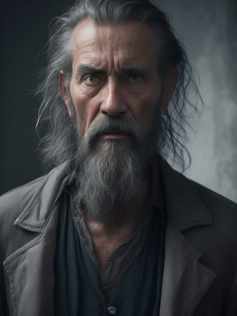 an angry old man, ash long hair, beard, long shot