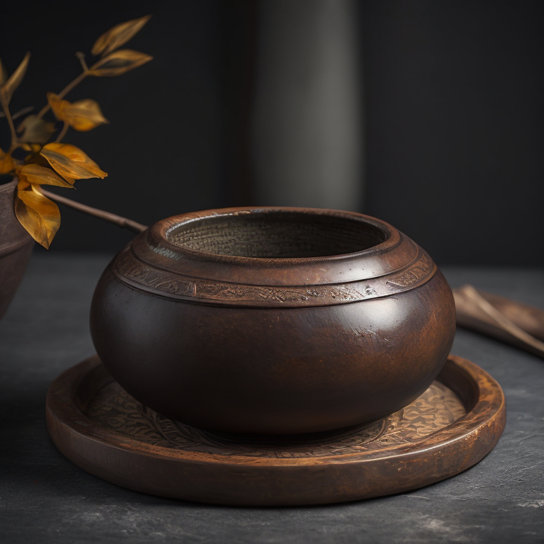 ancient small clay and glazed Chinese pot, deep atmosphere, realistic photo