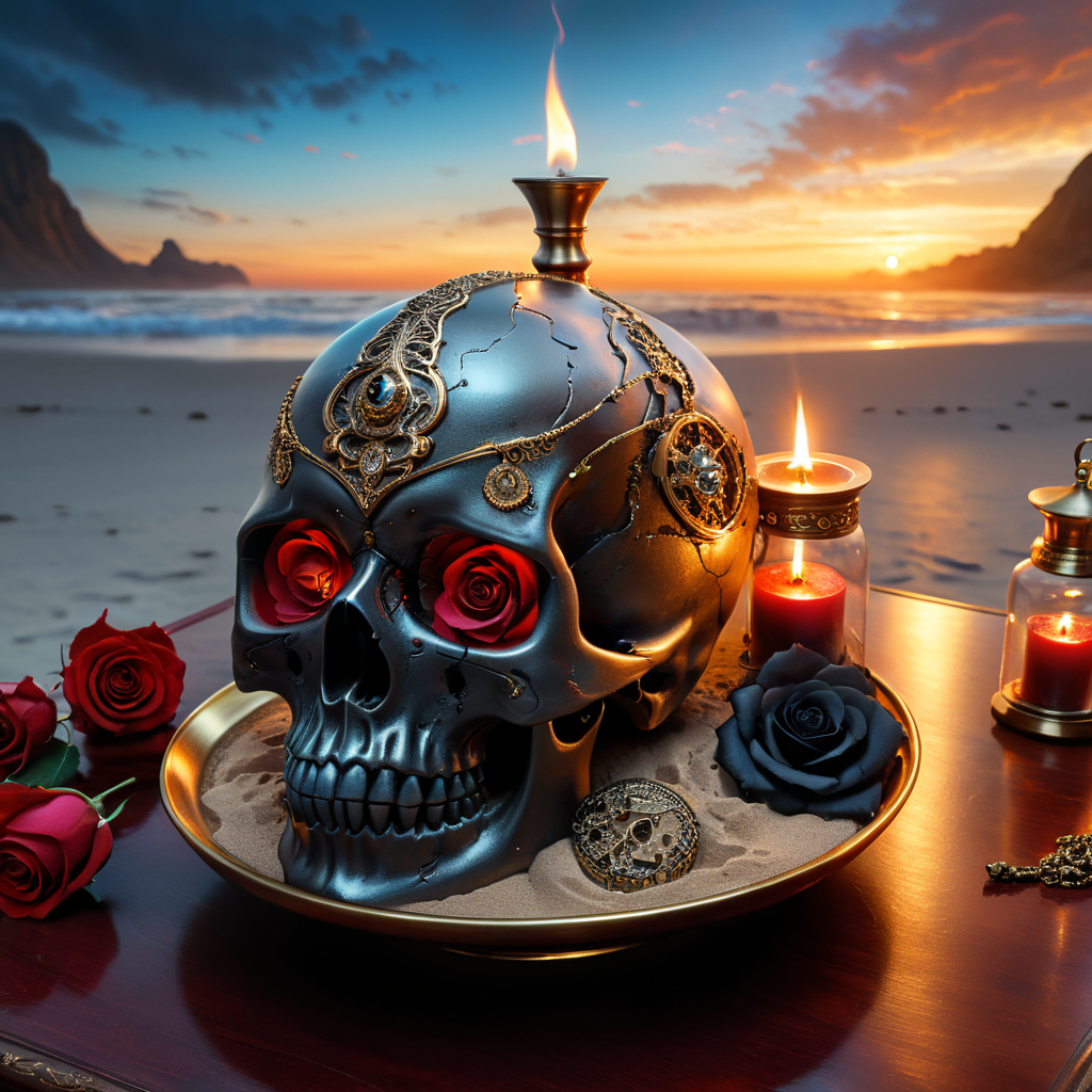a skull and a a hourglass (Sanduhr) made with skull and sand inside, little sand remaining on top, black and red candles in room, black and red roses on the table, open book next to the hourglass, hyperdetailed, hyperrealistic, sharp focus, , Infrared, raining heavily, digital art. hyperdetailed by fluid lines background and fluid lines inside of the skull by artist "symmetrymeticulously detailed dramatic atmospheric maximalist digita unforgettable, impressive, breathtaking beauty, Volumetric light, auras, rays, vivid colors reflects, by jules verne