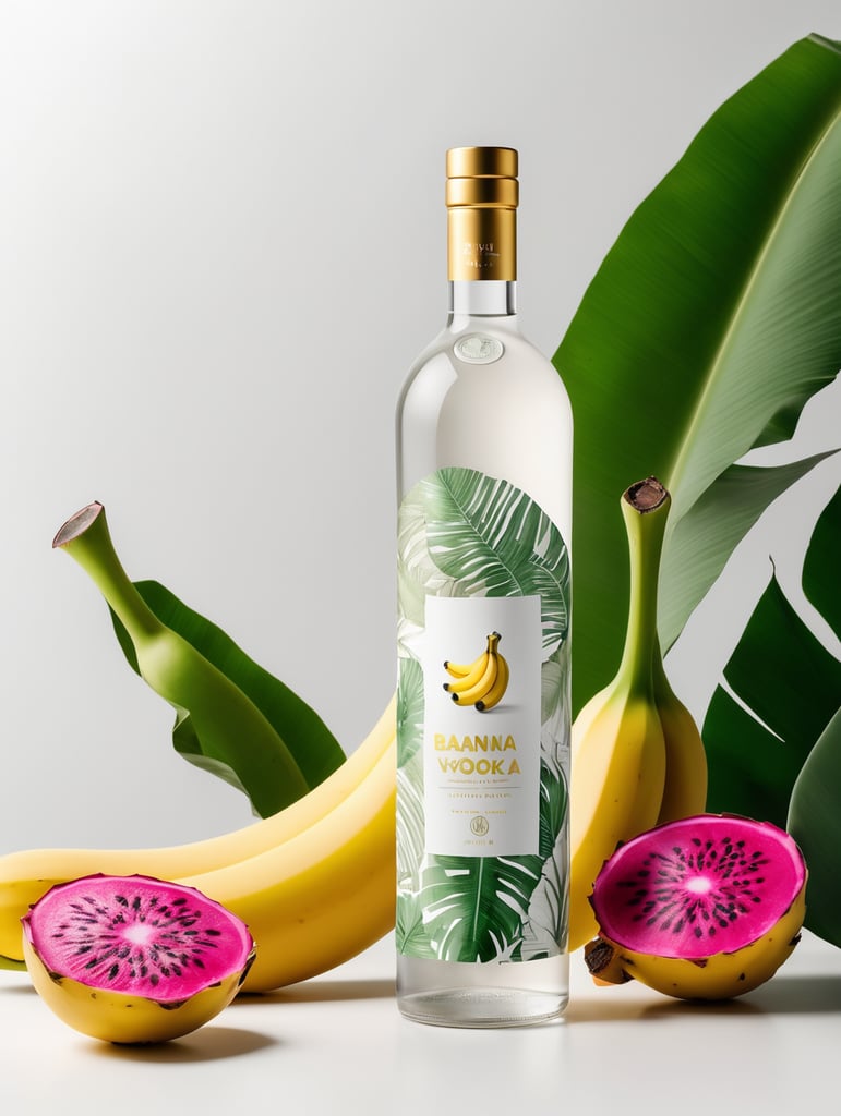 Packaging and branding for a banana vodka brand as if it had been designed by HI ESTUDIO with In a set design with banana, dragon fruit and dry banana leaves.