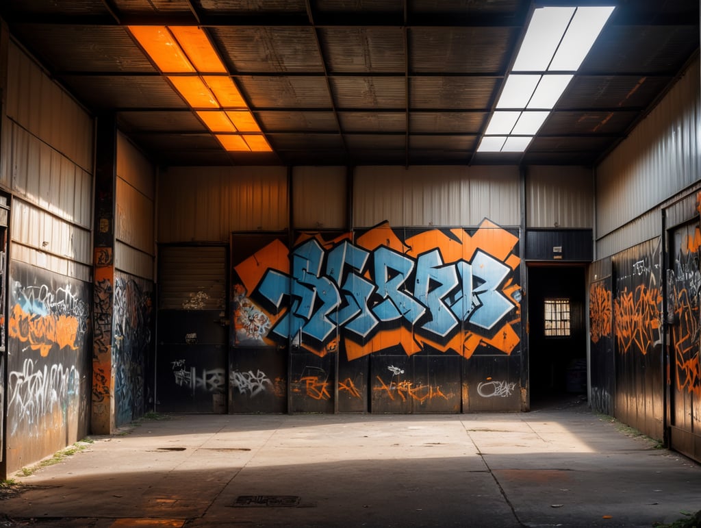 abandoned storage with graffiti, black, orange colors